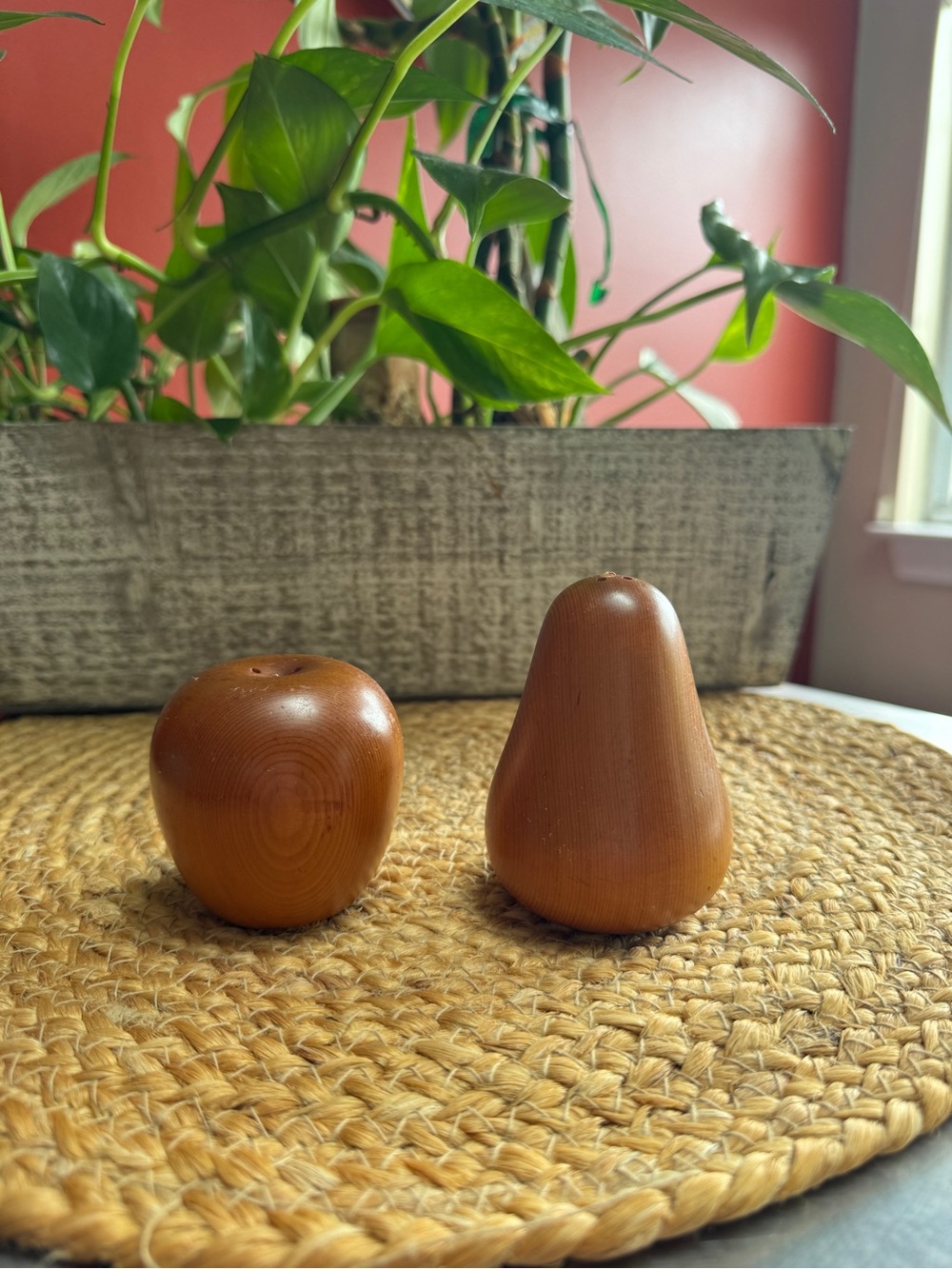 Vintage Wooden Apple and Pear Salt & Pepper Set - Warm Brown